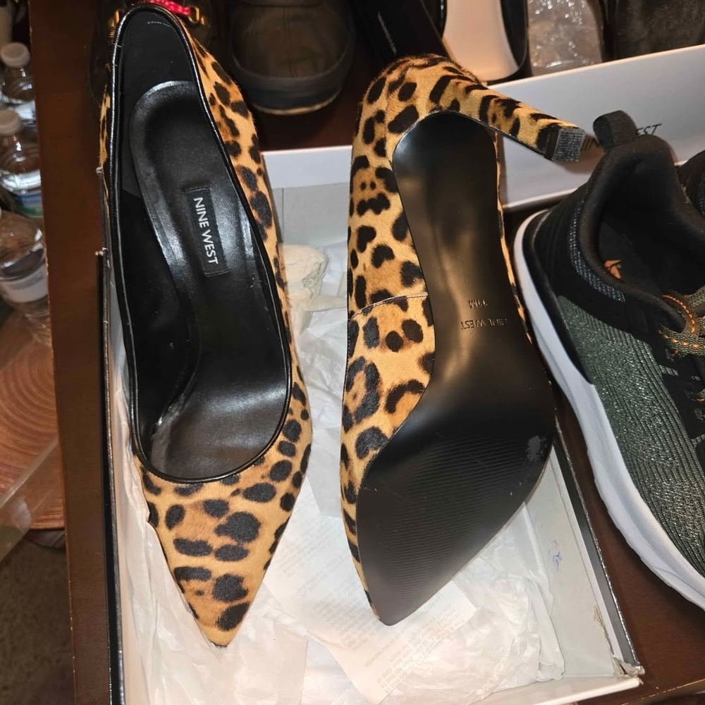 Nine West "Tatitana" Animal Print Heels - Black and Tan